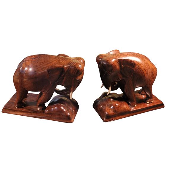 VINTAGE 2 Solid Wood Hand Carved Charging Elephant Bookends Realistic 6.5" Tall